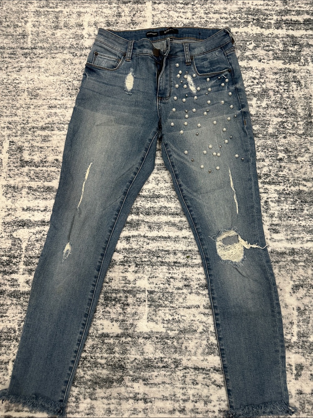Pearl-Embellished Distressed Blue Women’s Jeans